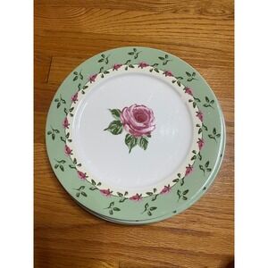 Vtg Discontinued Home Trends Rose Floral Green Dinner Plates Set of 4